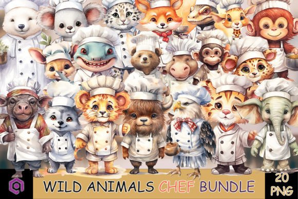 Chef Animals Watercolor Clipart for Embroidery