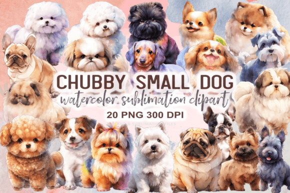 Chubby Small Dog Watercolor Clipart Illustrations