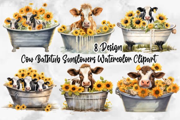 Cow Bathtub Sunflowers Illustrations for Blog Design