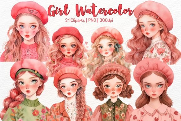 Cute Girl Watercolor Clipart for Embroidery
