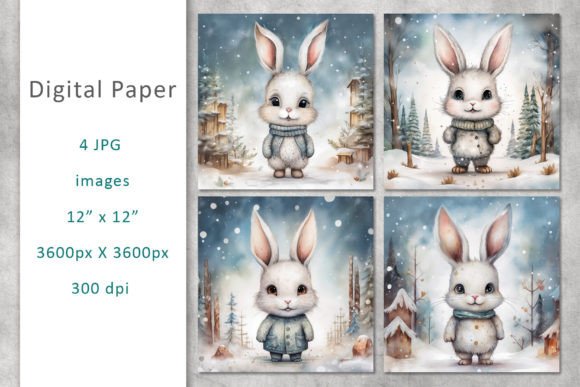 Cute Rabbit Watercolor Digital Papers & Illustrations