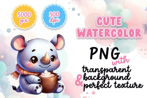 Cute Watercolor Rhino Illustrations for Digital Products