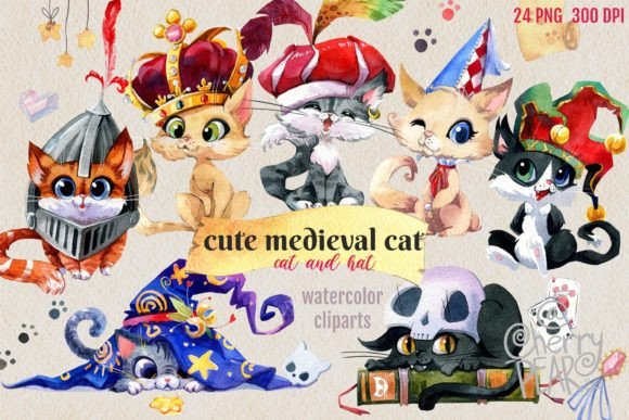 Fairytale Cat Clipart: Watercolor PNG Illustrations