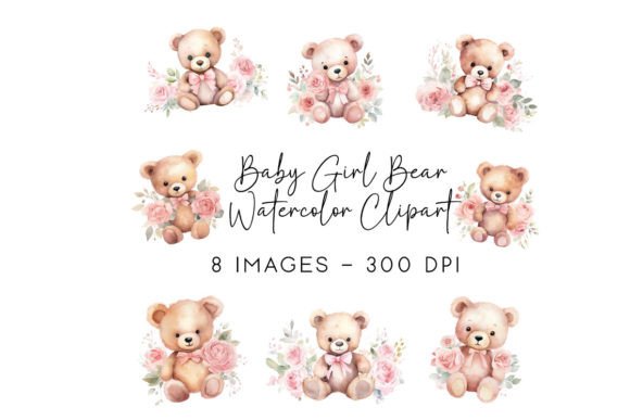 Girl Bear Nursery Watercolor Clipart Illustrations
