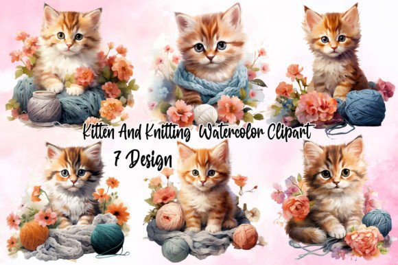 Kitten and Knitting Watercolor Clipart Illustrations