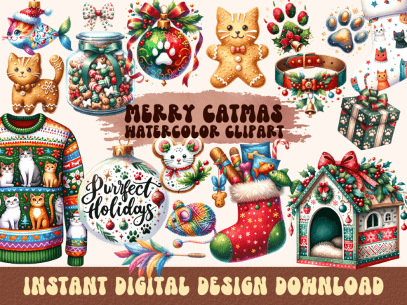 Merry Catmas Watercolor Clipart Illustrations Review