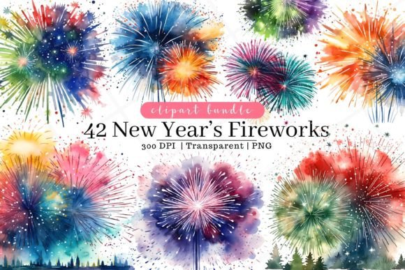 New Year's Fireworks Watercolor Clipart Illustrations