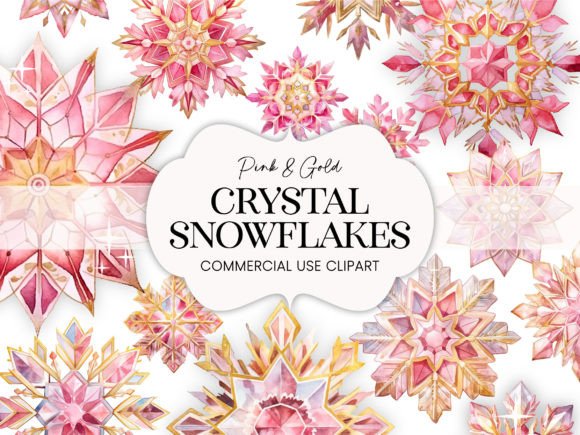 Pink Gold Crystal Watercolor Snowflakes Illustrations