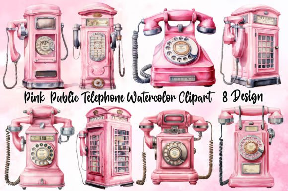 Pink Public Telephone Watercolor Clipart: Editorial Illustrations