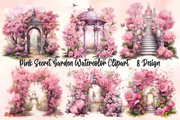 Pink Secret Garden Watercolor Clipart Illustrations