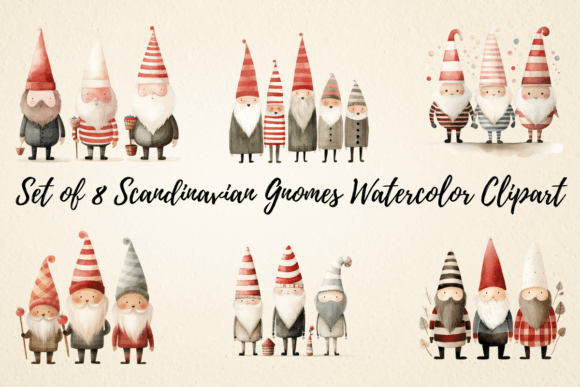 Scandinavian Gnomes Watercolor Clipart for Embroidery