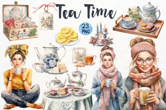 Tea Time Watercolor Illustrations for Editorial Use