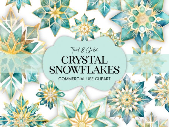 Teal Crystal Watercolor Winter Snowflake Illustrations