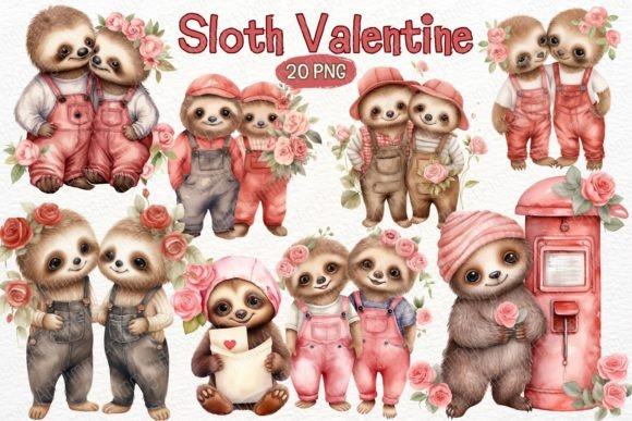 Valentine Sloth Watercolor Sublimation Illustrations