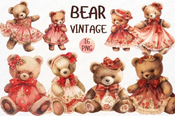 Vintage Teddy Bear Watercolor Clipart Illustrations