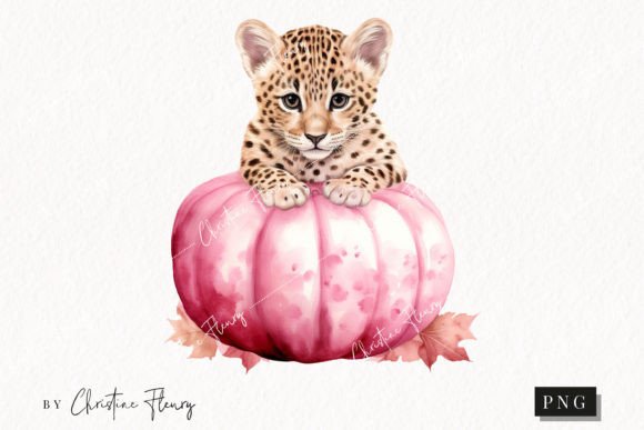 Watercolor Baby Leopard Pumpkin Clipart Illustrations