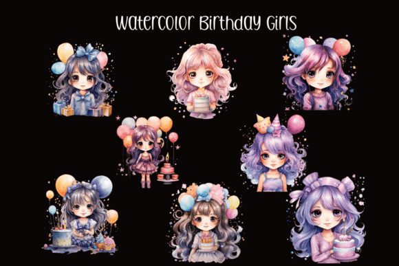 Watercolor Birthday Girls Illustrations for Editorial Use