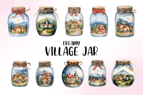 Watercolor Dreamy Village Jar Clipart: Illustrations Review