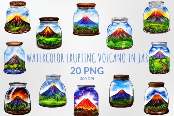 Watercolor Erupting Volcano in a Jar Illustrations