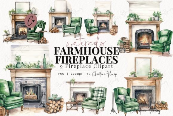 Watercolor Farmhouse Fireplace Illustrations for Editorial Design