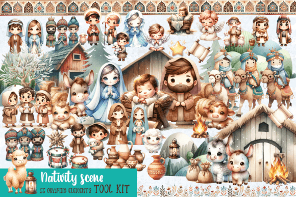Watercolor Nativity Scene Tool Kit Illustrations