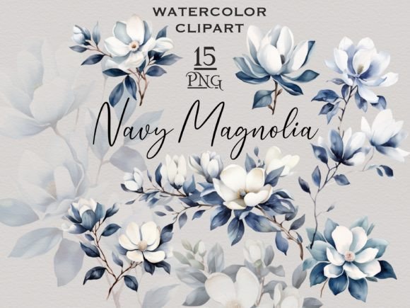Watercolor Navy Blue Magnolia PNG Bundle: Illustrations Review