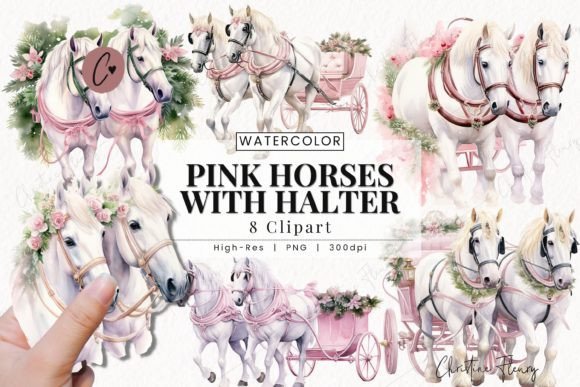 Watercolor Pink Horses with Halters PNG Illustrations