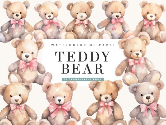 Watercolor Teddy Bear Clipart Bundle: Editorial Illustrations